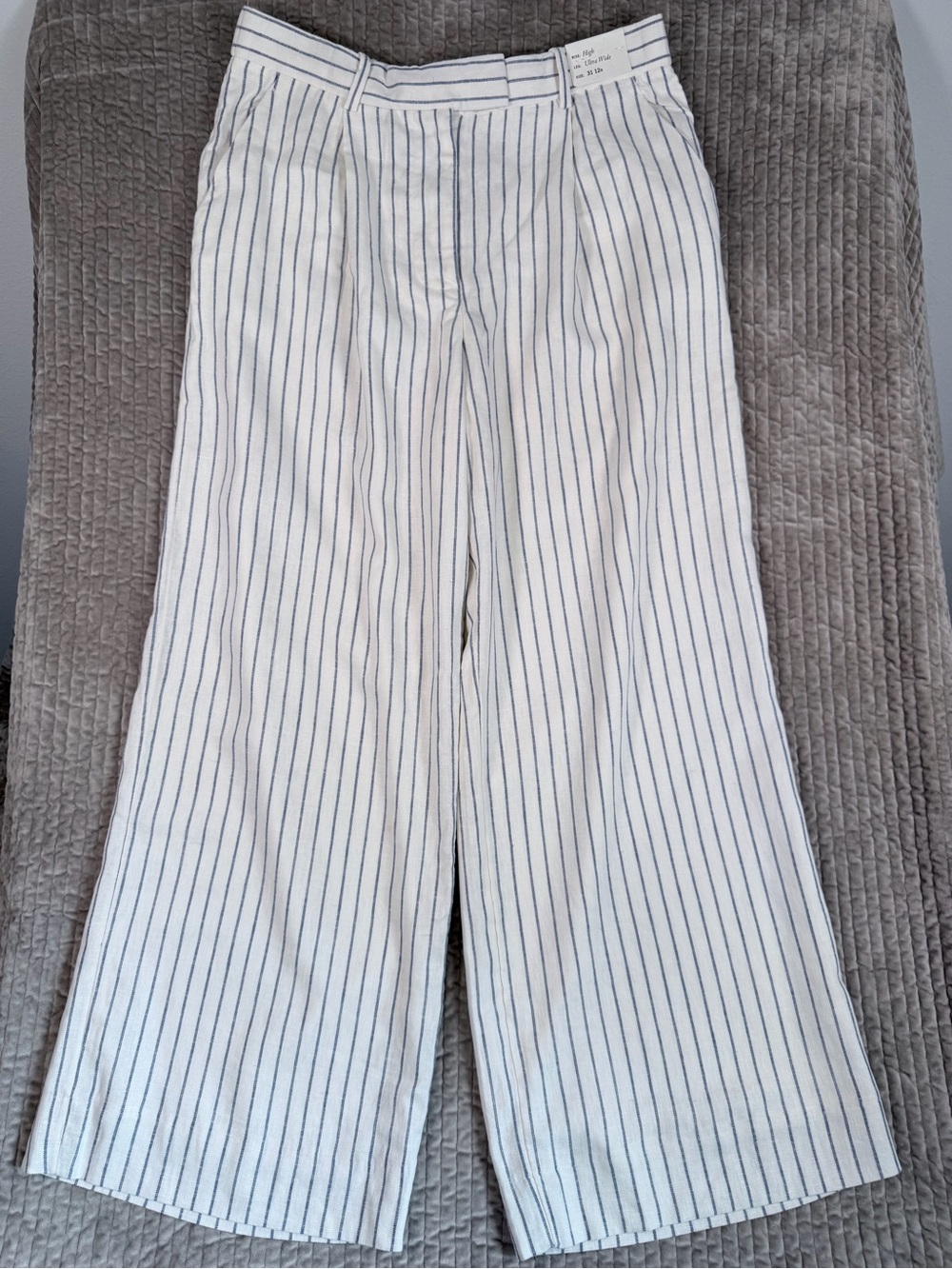 ABERCROMBIE & FITCH High Rise Ultra Wide Leg Linen Blend Pants NWT White & Blue